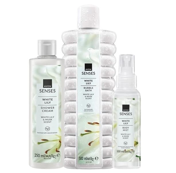 Avon Senses White Lily bain mousse gel douche et spray parfumé
