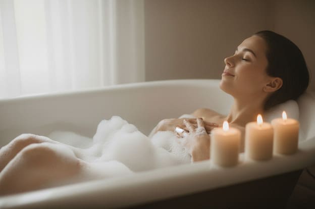 Femme relaxant dans un bain moussant Avon - Moment détente spa