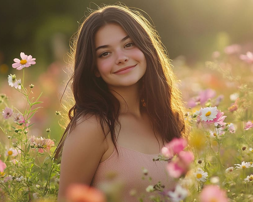 Jeune femme souriante entourée de fleurs pour l'achat de parfums et cosmétiques AVON en ligne