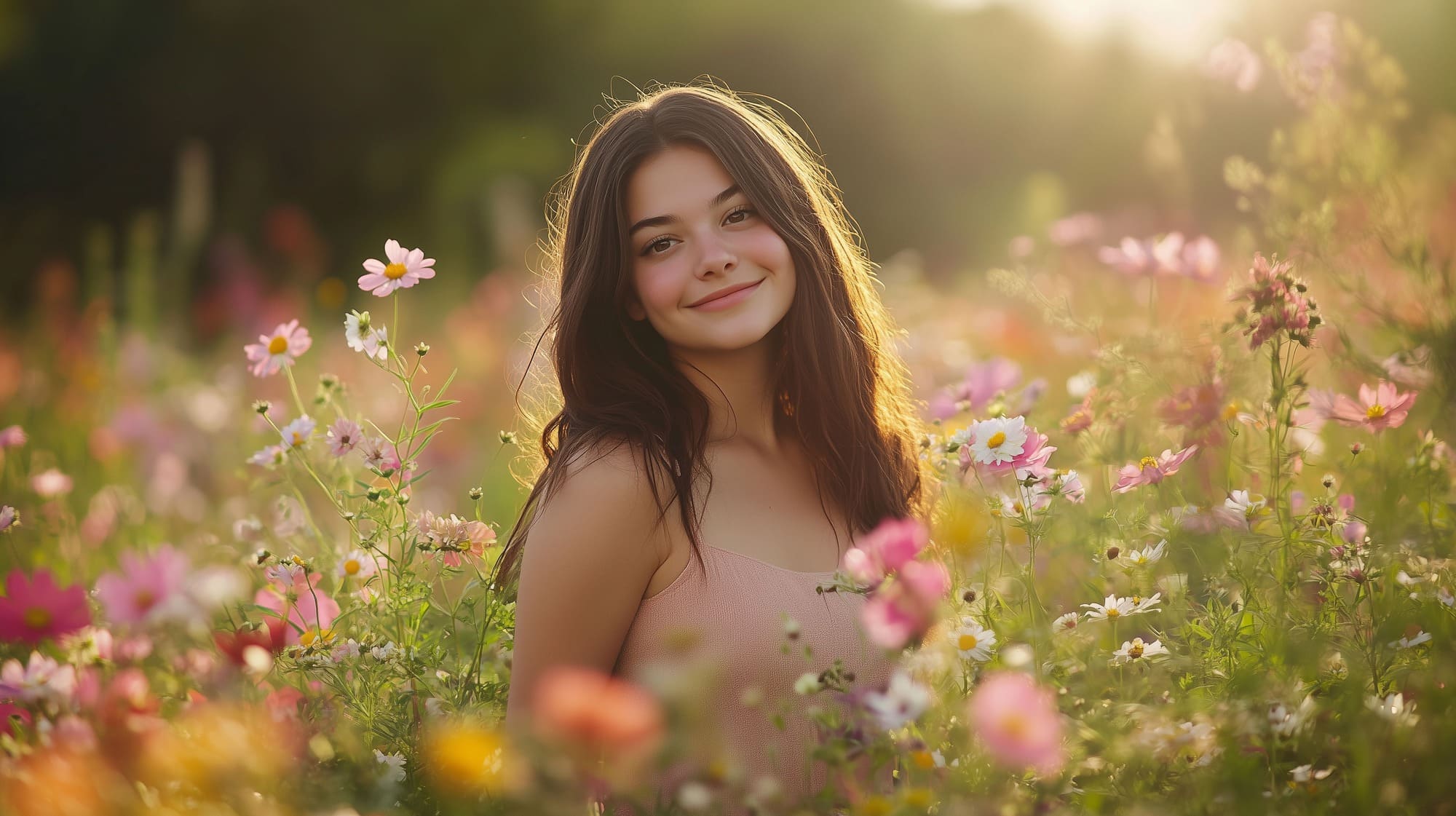 Jeune femme souriante entourée de fleurs pour l'achat de parfums et cosmétiques AVON en ligne