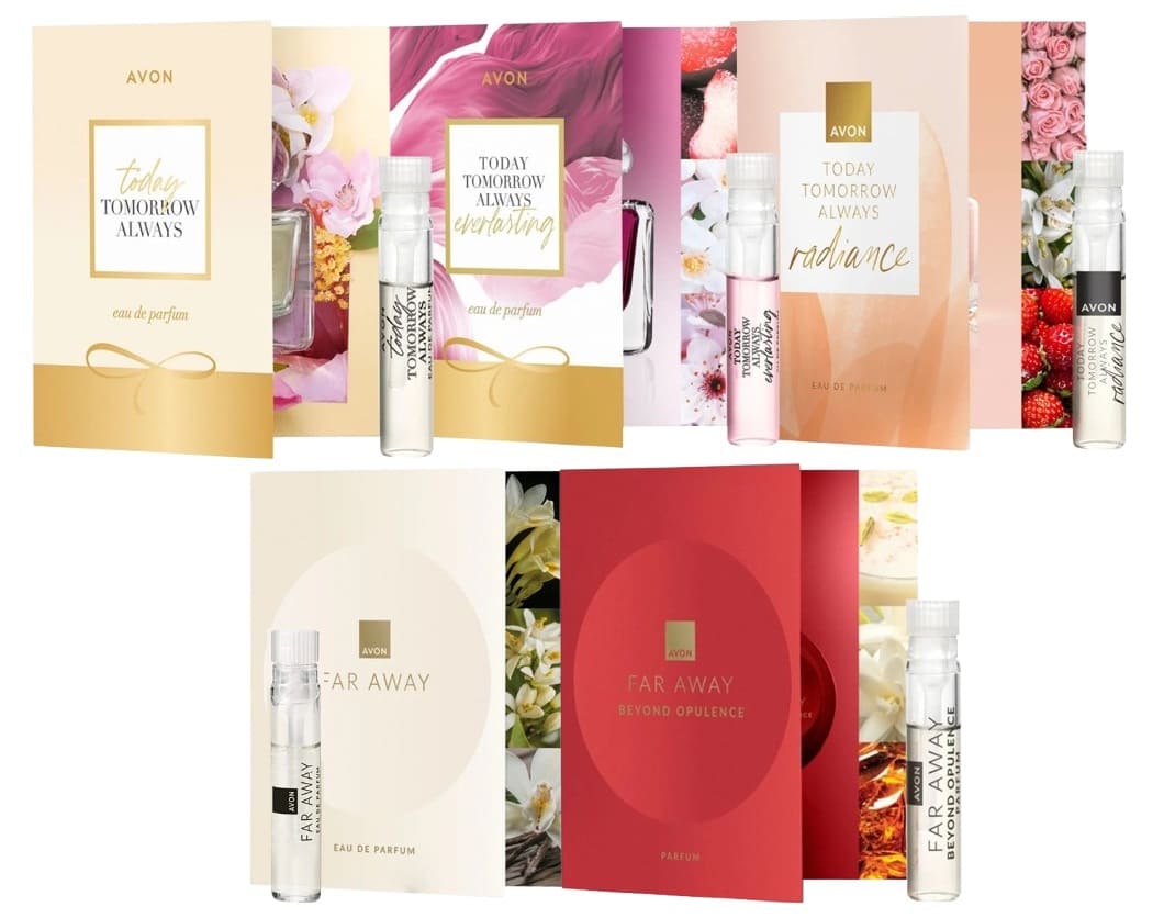 5 cartes échantillons parfums Avon femme Far Away & TTA